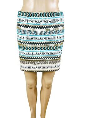Tribal Stripe Skirt with embroidery, beads & sequins Turquoise, white, black SzM